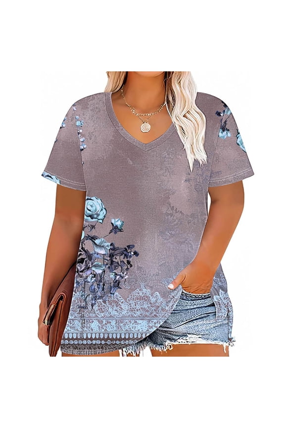 Short Sleeve Tops for Women Pullover Graphic T Shirt Fashion Plus Size Green V Neck Tees Shirts Knit