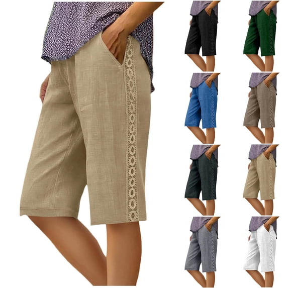 LVHAOGJOB Shorts for Women Summer with Pockets Loose White Plus Size Elastic Waist Linen Womens Shorts Pants Solid Color