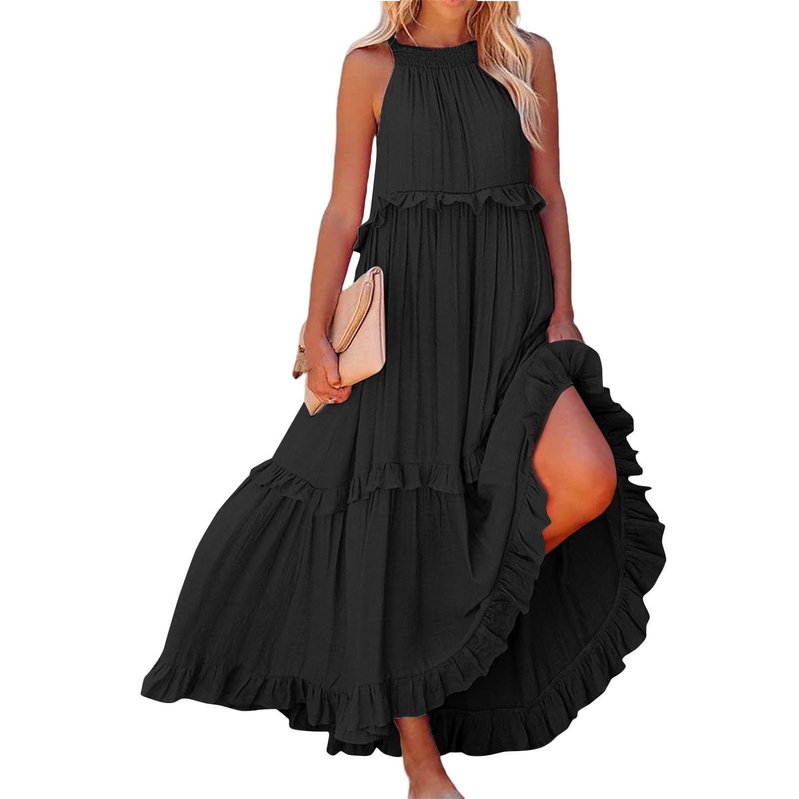 LVHAOGJOB Strap Midi Dress for Women Causal Summer Sleeveless Dress Loose with Pockets Floral Elegant Mujers Sundress V Neck