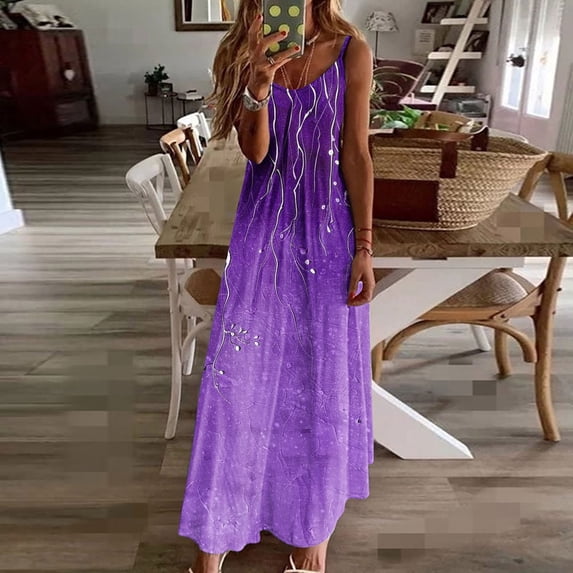 LVHAOGJOB Strap Midi Dress for Women Loose Trendy Sleeveless Dress Plus Size Summer Print V Neck Pleated Mujers Sundress