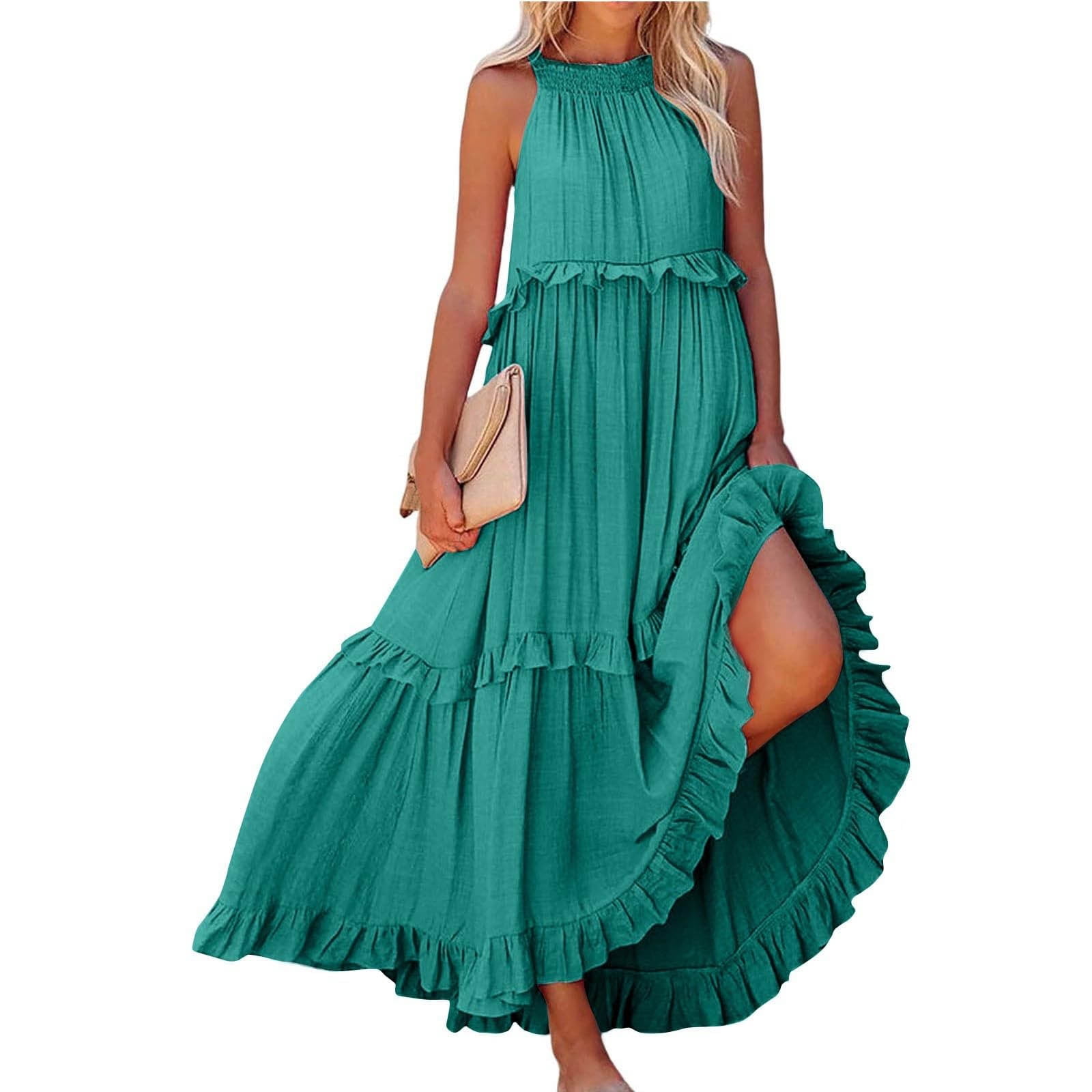 LVHAOGJOB Strap Midi Dress for Women Summer Trendy Sleeveless Dress with Pockets Loose V Neck Mujers Sundress Elegant