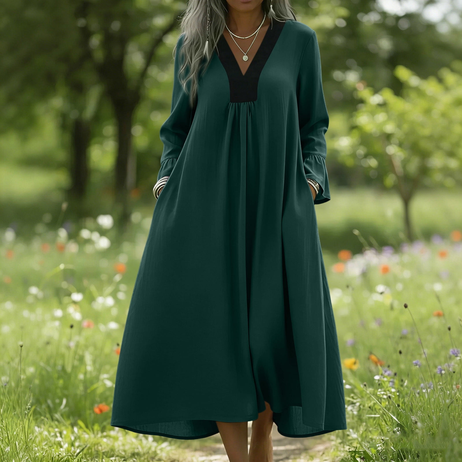 LVHAOGJOB Summer Dresses for Women Cotton Linen Maxi Dress Plus Size with Pockets Print Long Sleeve Mujers Sundress for Beach Vacation