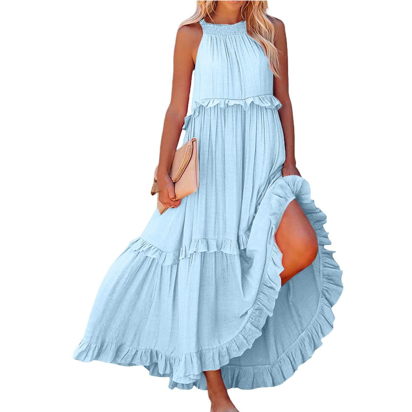 LVHAOGJOB Summer Midi Dress for Women Strap Causal Sleeveless Dress with Pockets Elegant Loose Mujers Sundress V Neck