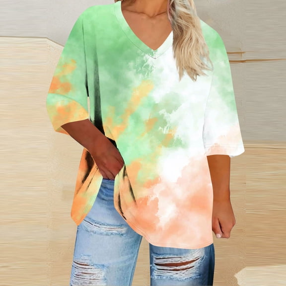 LVHAOGJOB Summer Tops for Women Pullover 3/4 Sleeve T Shirt Plaid V Neck Plus Size Soft Knit Blue Womens Shirts