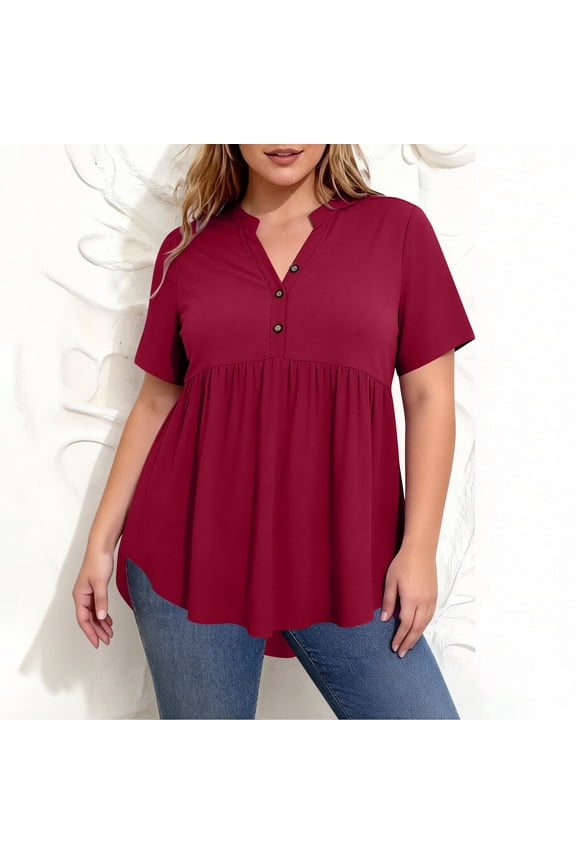 Tops for Women Summer Oversized Shirts Crew Neck Short Sleeve Loose Floral Red Ladies Blouse