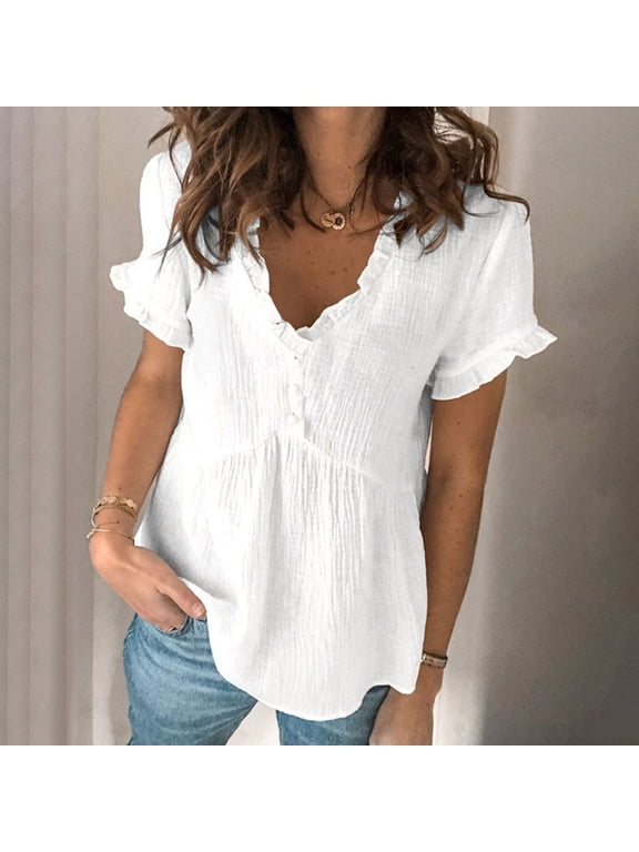 V Neck Tops for Women Short Sleeve Plain T Shirt Pullover Summer White Womens Shirts Soft