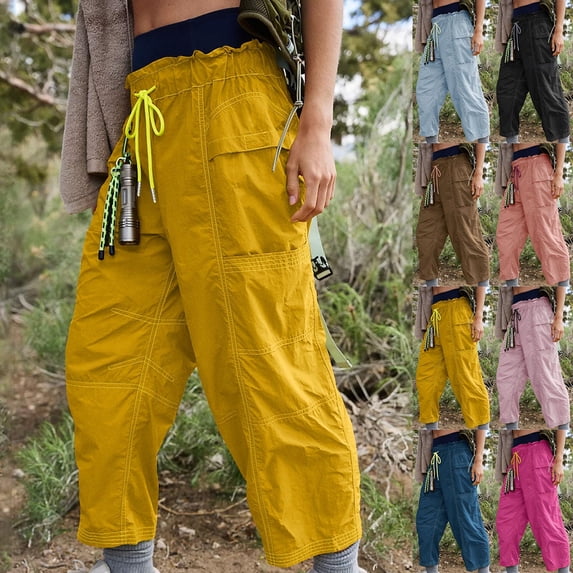 LVHAOGJOB Womens Cargo Pants Elastic Waist Wide Leg Pants Outdoor with Pockets Straight Leg Drawstrings Trousers for Juniors