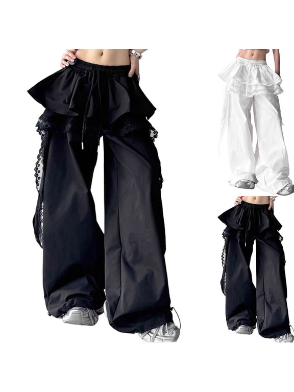 Womens Cargo Pants Wide Leg with Pockets Pants Elastic Waist Athletic Drawstrings Trousers for Juniors Lightweight
