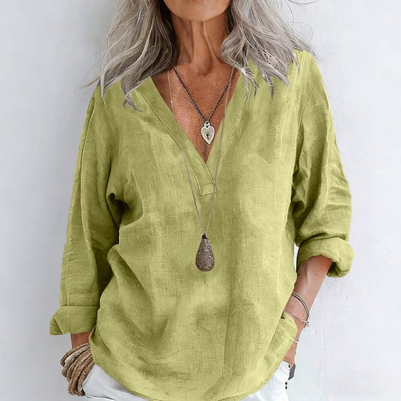 LVHAOGJOB Womens Causal Shirts Cotton Linen Short Sleeve Tops Solid Color Plus Size V Neck T Shirt for Women Loose