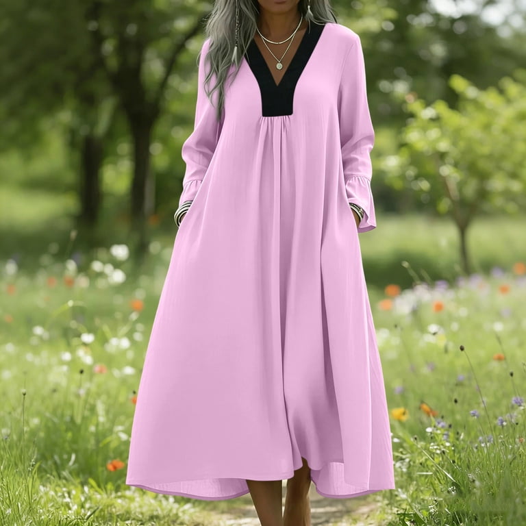 Lvhaogjob Womens Cotton Linen Dresses with Pockets Maxi Dress Plus Size Long Summer Flowy Print Loose Sundress for Ladies V Neck, Women's, Size: XL,