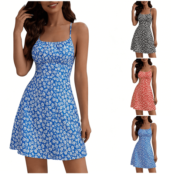 LVHAOGJOB Womens Flowy Dress Short Sleeve Summer Mini Dress A Line Print Red Swing Ruffle Sundress for Ladies