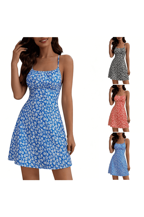 Womens Flowy Dress Short Sleeve Summer Mini Dress A Line Print Red Swing Ruffle Sundress for Ladies