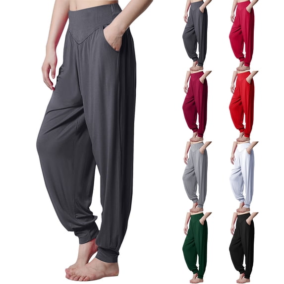 LVHAOGJOB Womens Full Length Yoga Pants Stretchy Elastic Waisted Leggings with Pockets Workout Cotton Pants for Juniors Solid