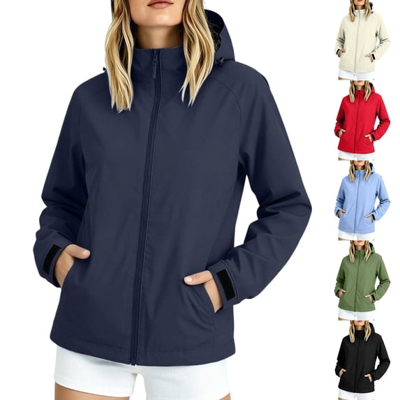 LVHAOGJOB Womens Hooded Rain Jackets Long Sleeve Plus Size Full Zipper Lightweight Coats for Ladies with Pockets