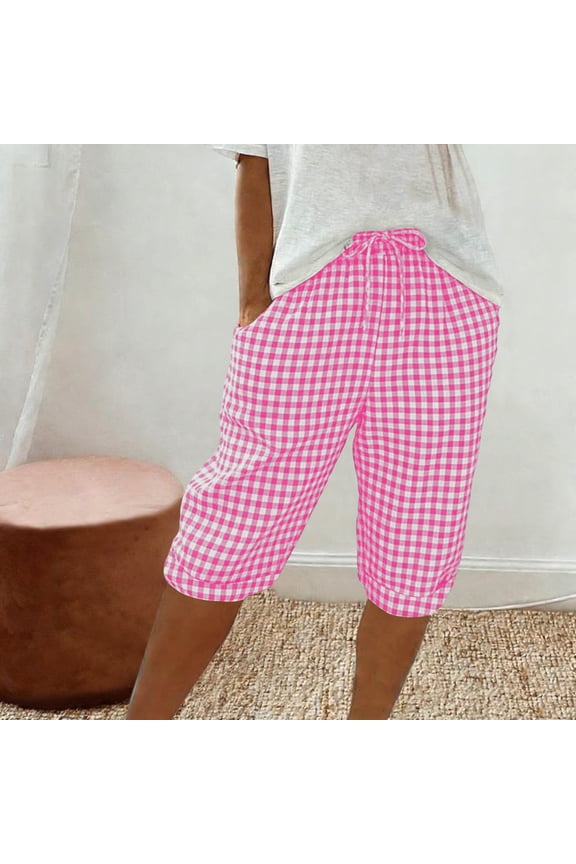 Womens Linen Shorts Summer Plus Size Solid Color Elastic Waist Hot Pink Shorts Pants for Ladies with Pockets