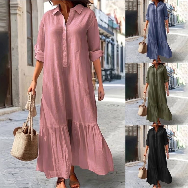 LVHAOGJOB Womens Long Dresses Maxi Dress Summer Cotton Linen Short Sleeve Flowy Plus Size V Neck Sundress for Ladies Solid Color