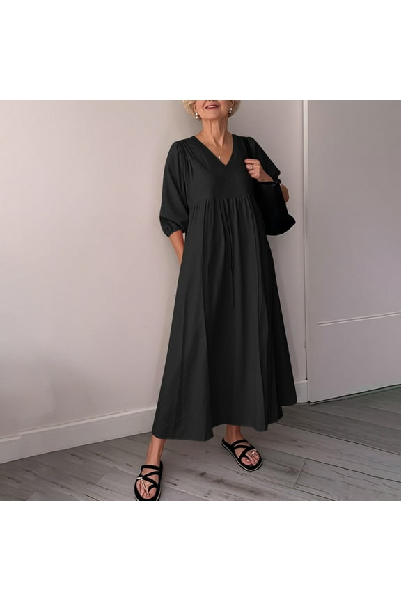 Womens Long Dresses Plus Size with Pockets Maxi Dress Solid Color Cotton Linen 3/4 Sleeve Sundress for Ladies