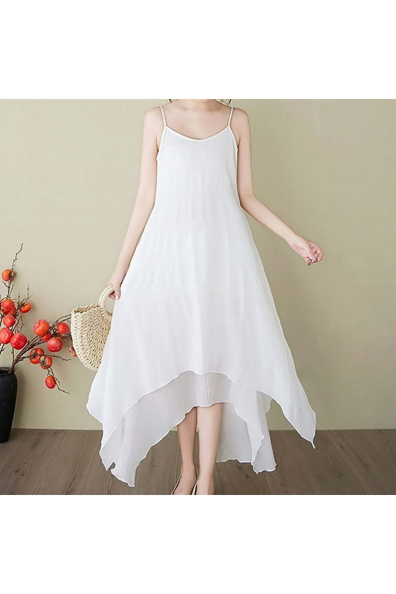 Womens Long Dresses Summer Cotton Linen Maxi Dress V Neck Sleeveless for Beach Vacation Sundress for Ladies Loose