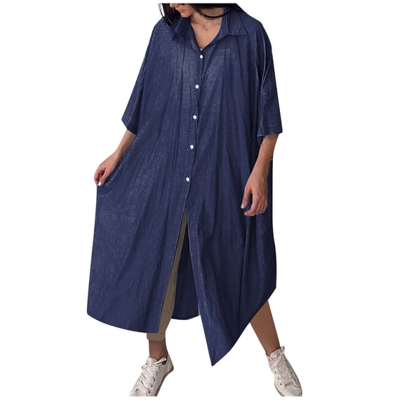 LVHAOGJOB Womens Plus Size Dresses Cotton Linen Maxi Dress V Neck Long Solid Color 3/4 Sleeve Loose Flowy Sundress for Mujer