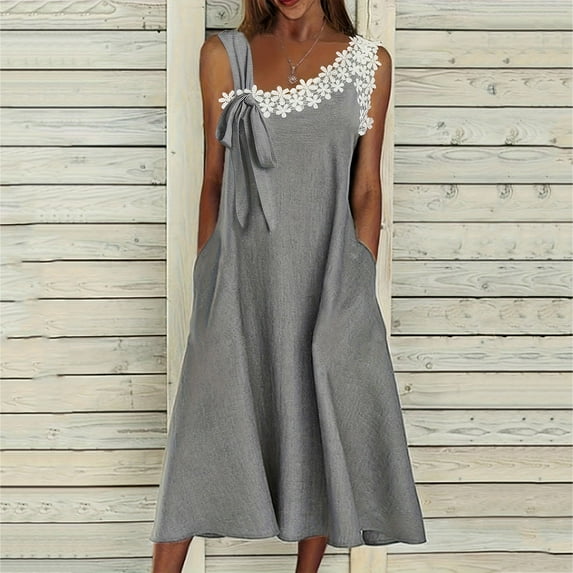 LVHAOGJOB Womens Plus Size Dresses with Pockets Maxi Dress Summer Long Cotton Linen Crew Neck Sundress for Ladies Solid Color