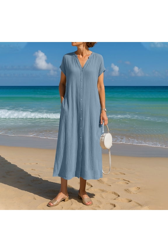 Womens Short Sleeve Dresses Cotton Linen Maxi Dress Plus Size Long Summer for Beach Vacation Sundress for Mujer Solid Color