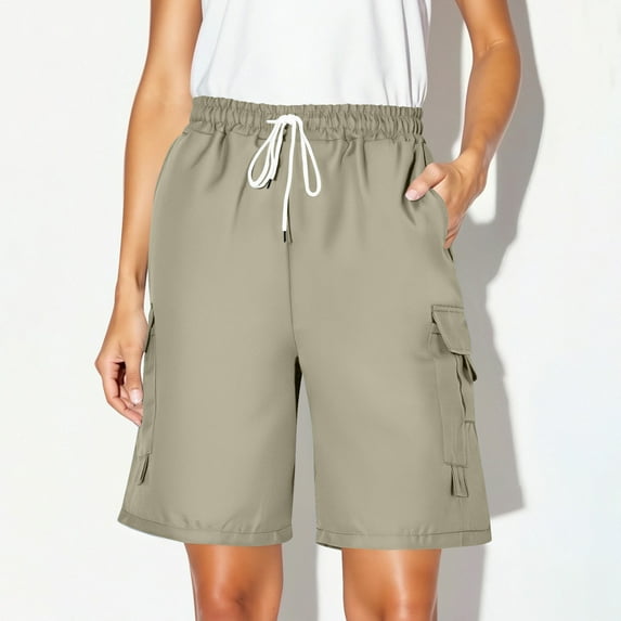 LVHAOGJOB Shorts for Women Elastic Wasit Casual Pants Solid Color Cotton Gym with Pockets Womens Workout Shorts Loose