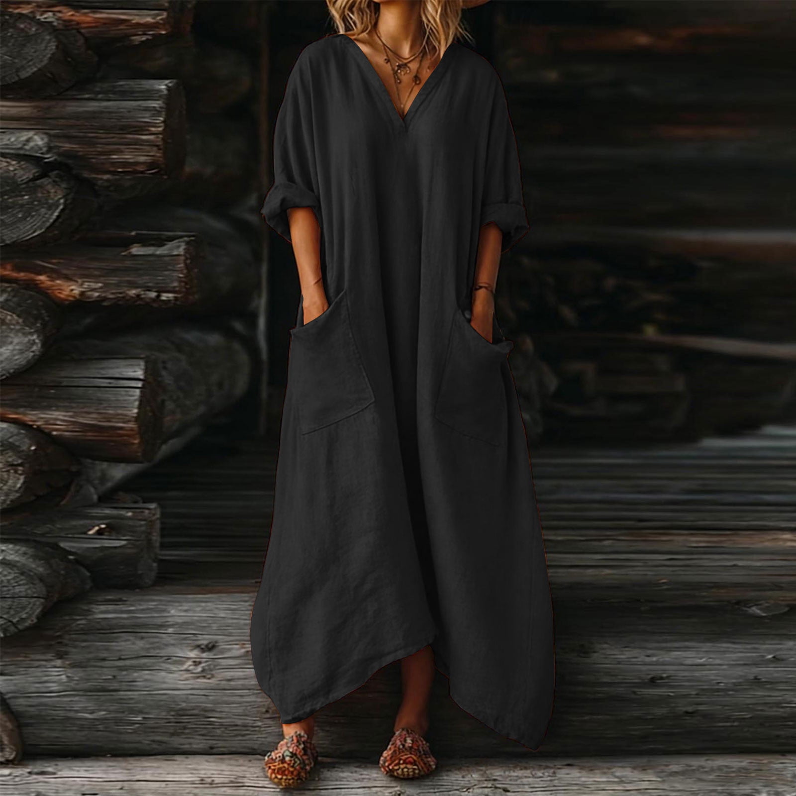 LVHAOGJOB Womens Summer Dresses Long Maxi Dress Cotton Linen for Beach Vacation Solid Color Sundress for Mujer V Neck