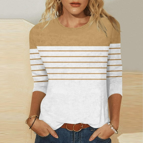 LVHAOGJOB Womens Summer Tops Plus Size Graphic T Shirt Pullover Crew Neck Blue 3/4 Sleeve Shirts for Ladies Knit