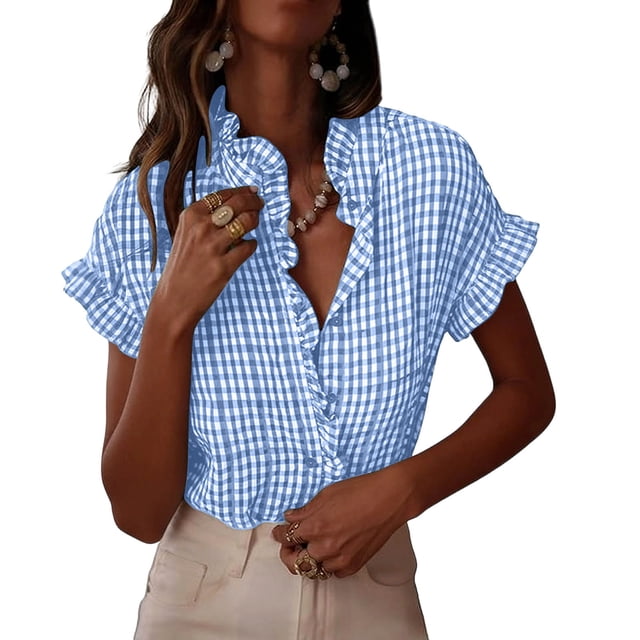 LVHAOGJOB Womens Tees Summer Button Down Shirts Short Sleeve Cotton Tunic V Neck Ruffle Ruffle Tops for Ladies Graphic