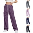 thumbnail image 1 of LVHAOGJOB Womens Wide Leg Cargo Pants with Pockets Pants Elastic Waist Lightweight Drawstrings Trousers for Juniors, 1 of 5