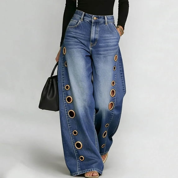 LVHAOGJOB Womens Wide Leg Jeans Stretchy Baggy Pants Denim Straight Leg for Ladies Solid