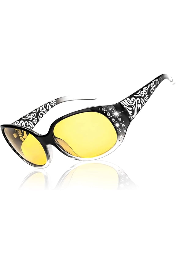 Night-Vision Driving Glasses Wrap Around Anti Glare with Polarized Yellow Lens for Women