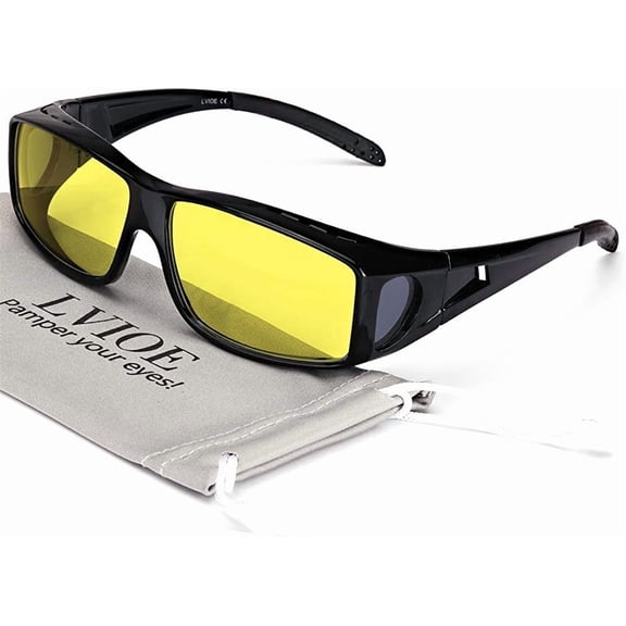 LVIOE Wrap Around Night-Vision Glasses, Fit Over Prescription Glasses with HD Polarized Yellow Lens Night-Driving Glasses