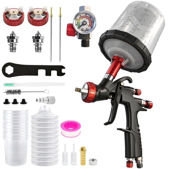 LVLP Gravity Feed Spray Gun Kit with Disposable Cup System, 1.4mm, 1.7mm & 2.0mm Nozzle Sets, 10 Cup Liners & Filter Lids, Professional Paint Sprayer for Automotive, Furniture & Woodworking