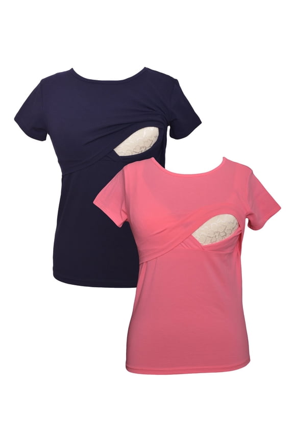 LVMA2500 - 2 Pack - 100% premium Cotton - Women short Sleeve Nursing Maternity T-Shirt 2 Piece Set