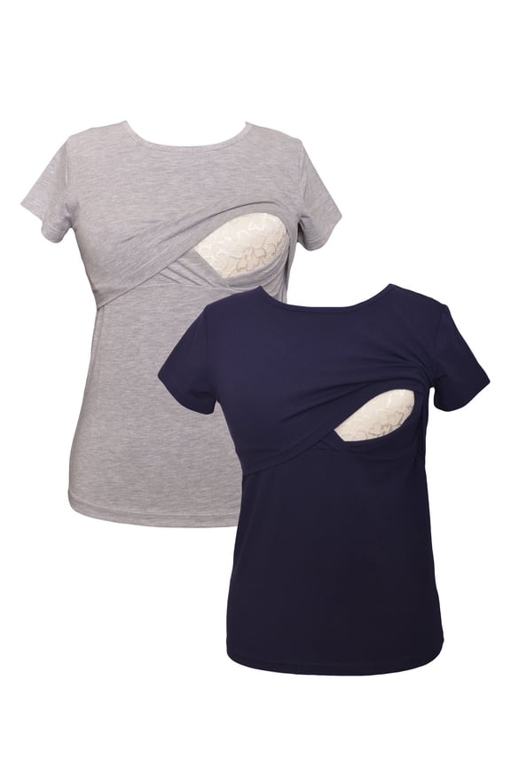 LVMA2500 - 2 Pack - 100% premium Cotton - Women short Sleeve Nursing Maternity T-Shirt 2 Piece Set
