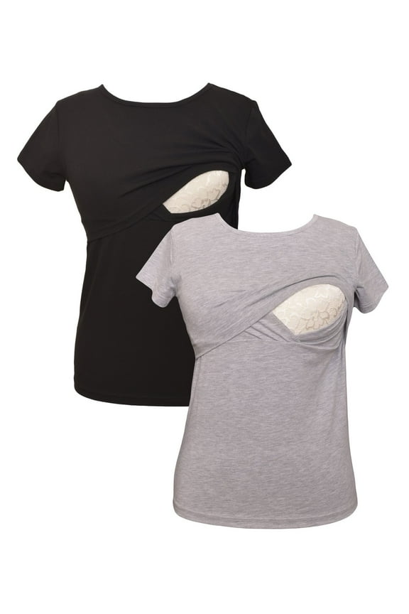 LVMA2500 - 2 Pack - 100% premium Cotton - Women short Sleeve Nursing Maternity T-Shirt 2 Piece Set