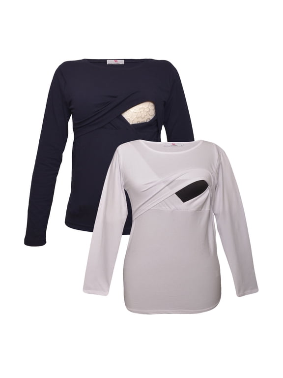 LVMA2700 - 2 Pack - Premium Soft Cotton - Women Long Sleeve Nursing Maternity T-Shirt - 2 Piece Set