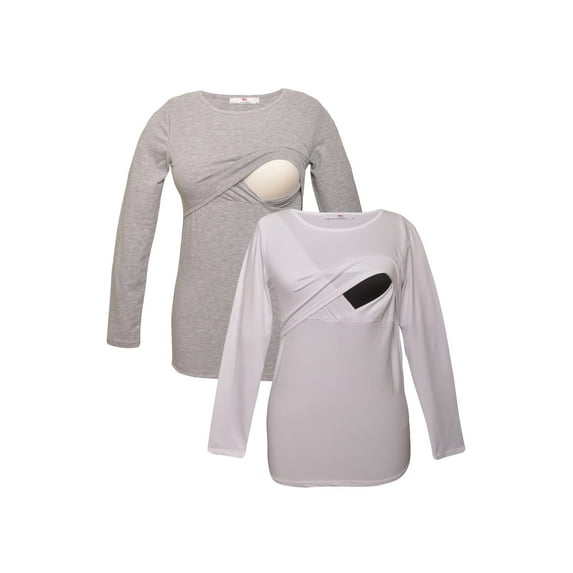 LVMA2700 - 2 Pack - Premium Soft Cotton - Women Long Sleeve Nursing Maternity T-Shirt - 2 Piece Set