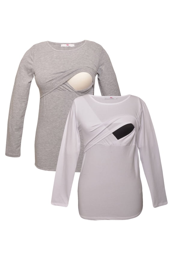 LVMA2700 - 2 Pack - Premium Soft Cotton - Women Long Sleeve Nursing Maternity T-Shirt - 2 Piece Set