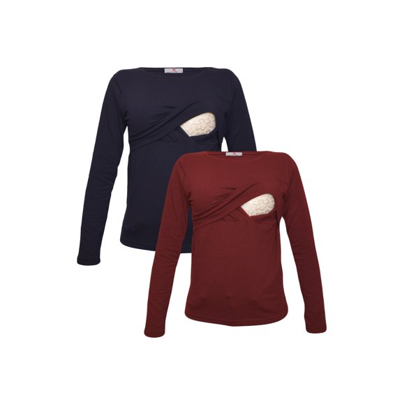 LVMA2700 - 2 Pack - Premium Soft Cotton - Women Long Sleeve Nursing Maternity T-Shirt - 2 Piece Set