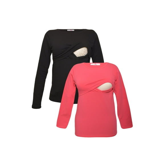LVMA2700 - 2 Pack - Premium Soft Cotton - Women Long Sleeve Nursing Maternity T-Shirt - 2 Piece Set