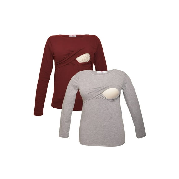 LVMA2700 - 2 Pack - Premium Soft Cotton - Women Long Sleeve Nursing Maternity T-Shirt - 2 Piece Set