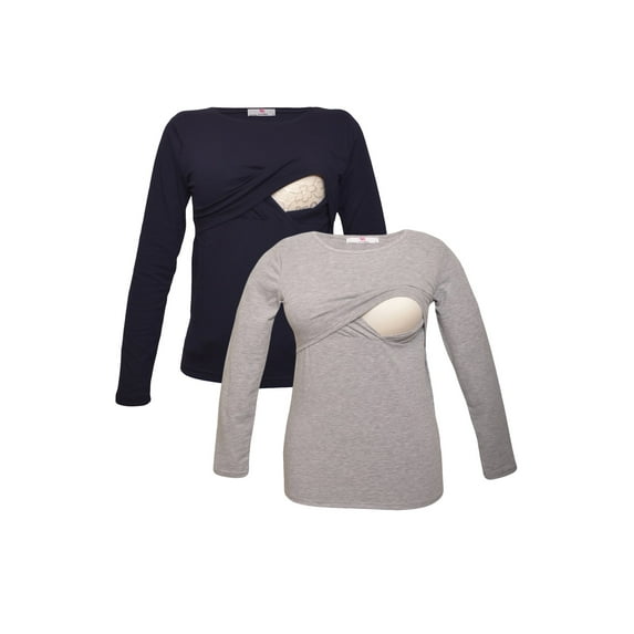 LVMA2700 - 2 Pack - Premium Soft Cotton - Women Long Sleeve Nursing Maternity T-Shirt - 2 Piece Set