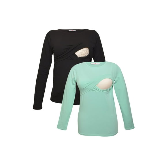 LVMA2700 - 2 Pack - Premium Soft Cotton - Women Long Sleeve Nursing Maternity T-Shirt - 2 Piece Set