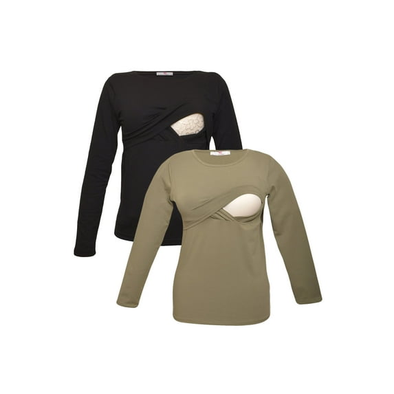LVMA2700 - 2 Pack - Premium Soft Cotton - Women Long Sleeve Nursing Maternity T-Shirt - 2 Piece Set