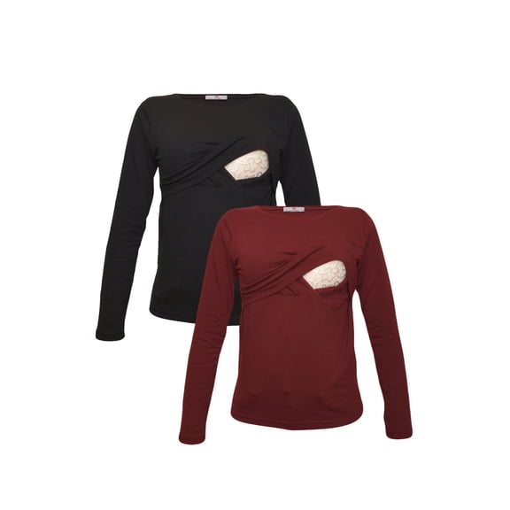 LVMA2700 - 2 Pack - Premium Soft Cotton - Women Long Sleeve Nursing Maternity T-Shirt - 2 Piece Set