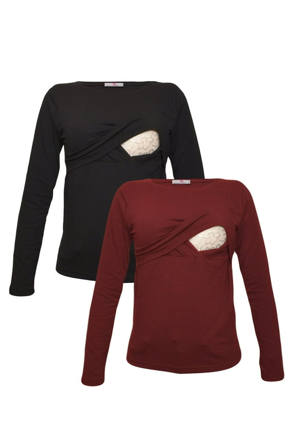 LVMA2700 - 2 Pack - Premium Soft Cotton - Women Long Sleeve Nursing Maternity T-Shirt - 2 Piece Set