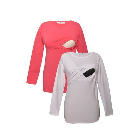 LVMA2700 - 2 Pack - Premium Soft Cotton - Women Long Sleeve Nursing Maternity T-Shirt - 2 Piece Set
