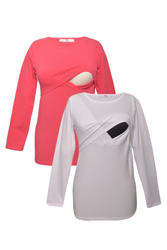 LVMA2700 - 2 Pack - Premium Soft Cotton - Women Long Sleeve Nursing Maternity T-Shirt - 2 Piece Set